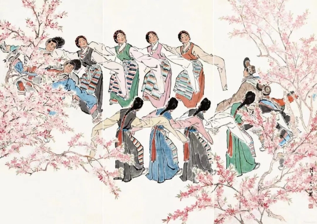 葉淺予高原之春紙本設(shè)色211cm×98cm、211cm×105cm、211cm×98cm1964年